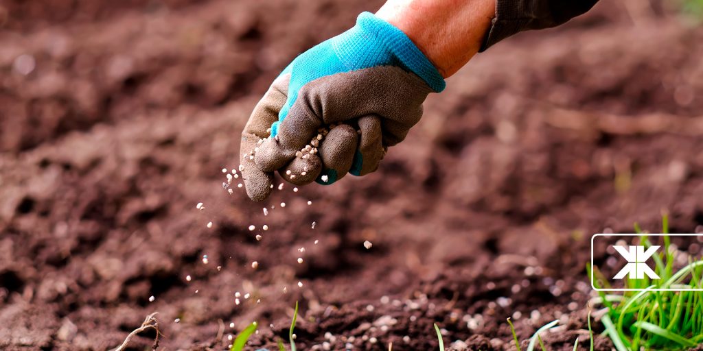 Mão de agricultor fertilizando terra.