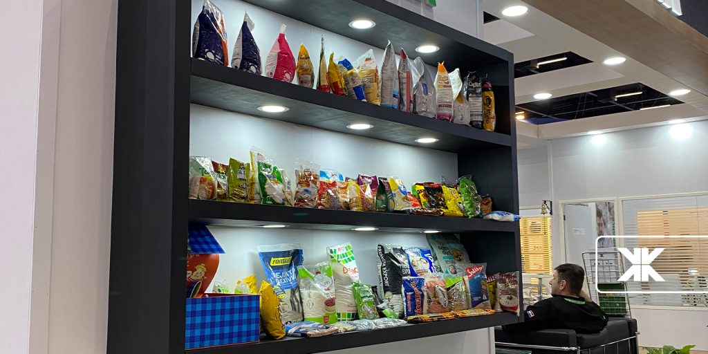 Display of products with plastic packaging.