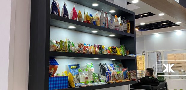 Display of products with plastic packaging.