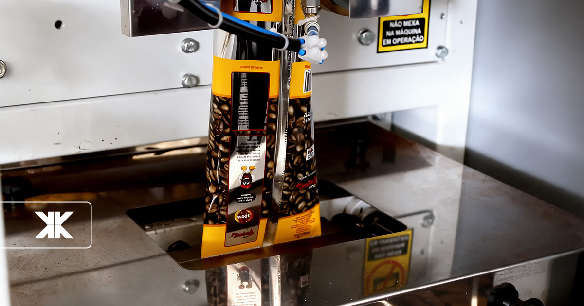 Empacotadora automática realizando o envase de café em embalagens individuais.